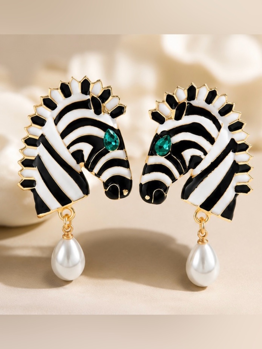 Zebra Statement Earrings Pearl Drop Black White Gold Tone Animal Jewelry’s